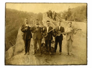 String band musicians at Blowing Rock, North Carolina, circa 1925. Left to right: Roe Greene, Bert Jenkins, Clay Reed, Ralph Story, Grayson Story. (Collection: Marshall Wyatt)